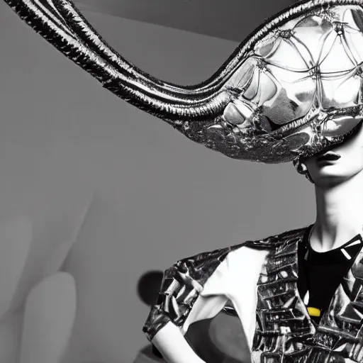 Image similar to close up of a SpongeBob fashion model in year 3000 in art-deco entrance hall, model wearing a huge surreal Avant-garde helmet that looks like ingold, photography , official Versace editorial , highly detailed