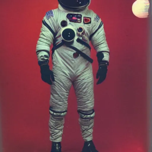 Prompt: A photo of 1980s VR spacesuit designed by US Army, scary athmosphere, dark, single vague light, Polaroid photo found in the attic