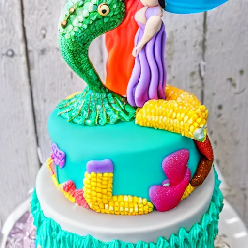 Image similar to corn dogs, mermaid themed birthday cake, food photography,