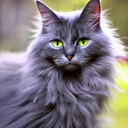 Prompt: long haired grey cat, bright vivid colors