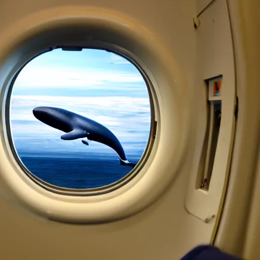 Image similar to an airplane with a tiny whale pilot, the whale is in the airplane cabin, the whale head can be seen through the window by people outside the airplane, the whale can be seeing inside the front of the plane, the command pilot is a whale, the whale is behind the window, the photo is taken outside the plane