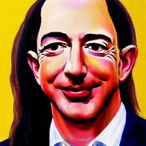 Prompt: painting of Jeff Bezos with very very very long hair hair