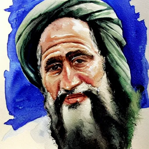 Image similar to George bush dressed as Osama bin laden painting a watercolor pyramid with an eye inside the triangle