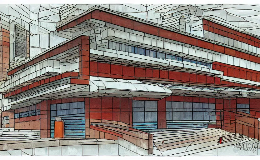 Image similar to police station.By rFrank Lloyd Wright, illustration, digital painting, highly detailded