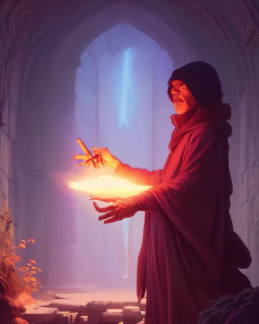 Image similar to old mage casting a light spell, highly detailed vfx portrait, unreal engine, greg rutkowski, loish, rhads, beeple, makoto shinkai and lois van baarle, ilya kuvshinov, rossdraws, tom bagshaw, alphonse mucha, global illumination, detailed and intricate environment