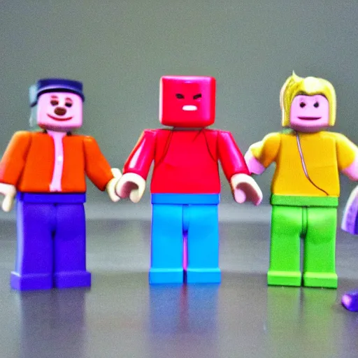 Image similar to 35mm photo of happy roblox figures, bright and fun colors