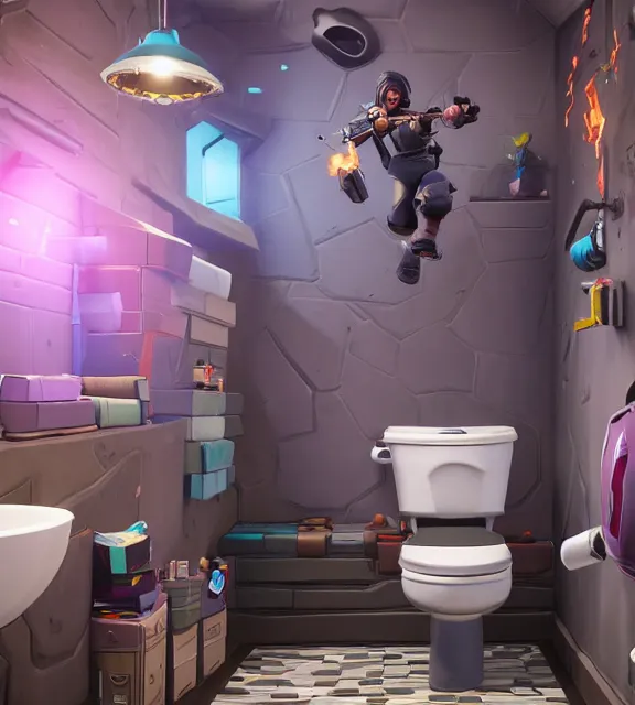 Image similar to a 4 k photorealistic photo of a fortnite themed toilet.