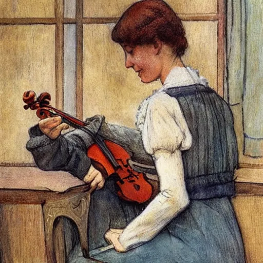 Image similar to A young edwardian woman playing a violin inside a church, in the style of carl larsson