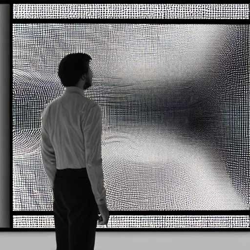 Prompt: art curator looking at a screen with a huge holographic interface, in a space station orbit titan, recursive, in the style of grand chamaco and stanley kubrick, inspired by twitter feed, photorealistic, epic, super technical, black and white, cinematic still