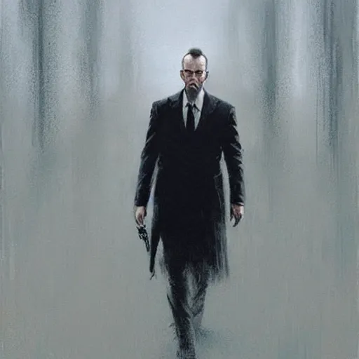 Image similar to a still of agent smith from matrix, painting by jakub rozalski,