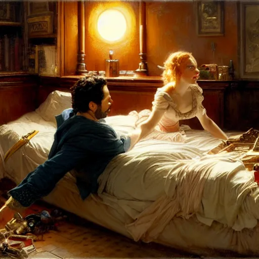 Image similar to paul rudd hiding under his bed, scared because an evil rachel mcadams is attacking him, painting by gaston bussiere, j. c. leyendecker, greg rutkowski, craig mullins 8 k