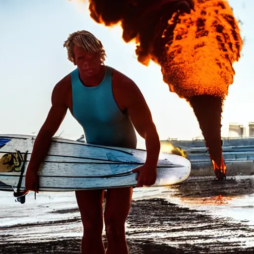 Prompt: Blond surfer Chad Iron jaw blowing up an industrial power plant