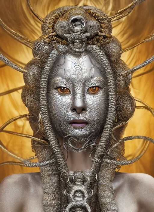 Image similar to hyperrealism, detailed textures, photorealistic symetrical japanese medusa queen portrait, silverplate, intricate, detailed facial animal mask, golden jewelery, silverplate, ultra realistic, cinematic, intricate, cinematic light by steve mccurry, unreal engine 8 k