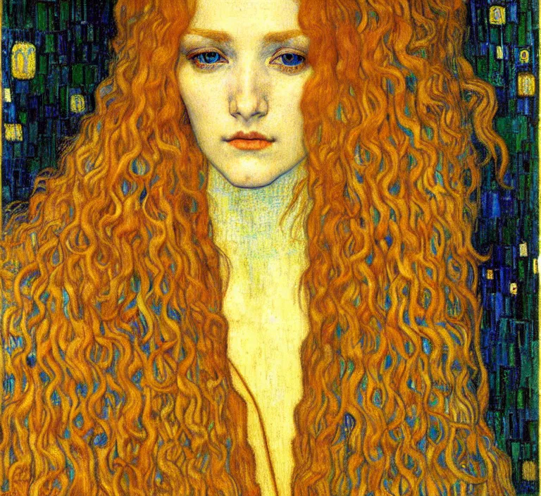 Image similar to detailed realistic beautiful young medieval queen face portrait by jean delville, gustav klimt and vincent van gogh, art nouveau, symbolist, visionary, gothic, pre - raphaelite, muted earthy colors, desaturated