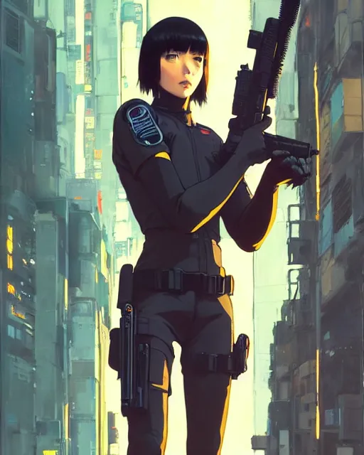 Image similar to girl wearing in tactical gear | | audrey plaza, fine detail!! anime!! realistic shaded lighting!! dramatic!! poster by ilya kuvshinov katsuhiro otomo ghost - in - the - shell, magali villeneuve, artgerm, jeremy lipkin and michael garmash and rob rey