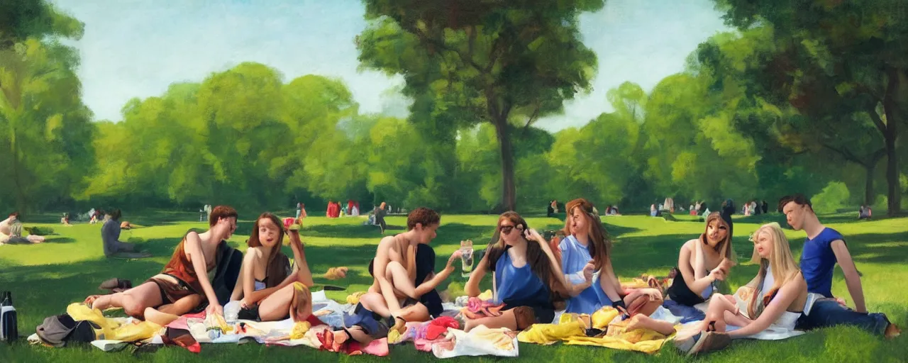 Image similar to a young generation z group of friends having a picnic in a central park manhattan new york on friday mid - summer of 2 0 2 2, in the style of an edward hopper painting