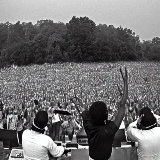 Prompt: public enemy the hip hop group playing at woodstock 1969 on stage