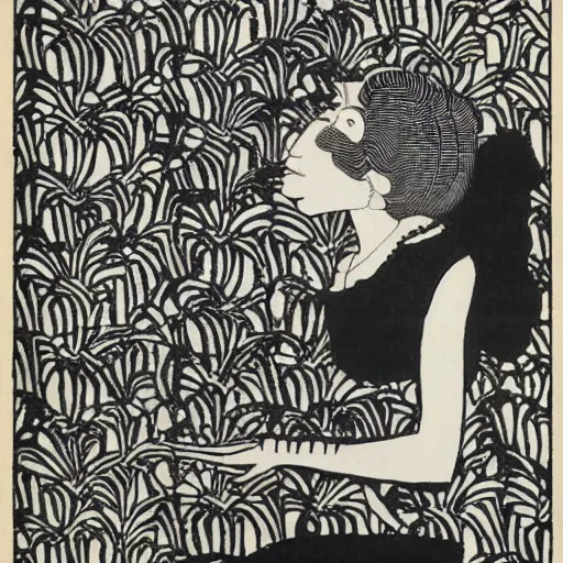 Image similar to A techno DJ, woodblock print, b&w, by Aubrey Beardsley