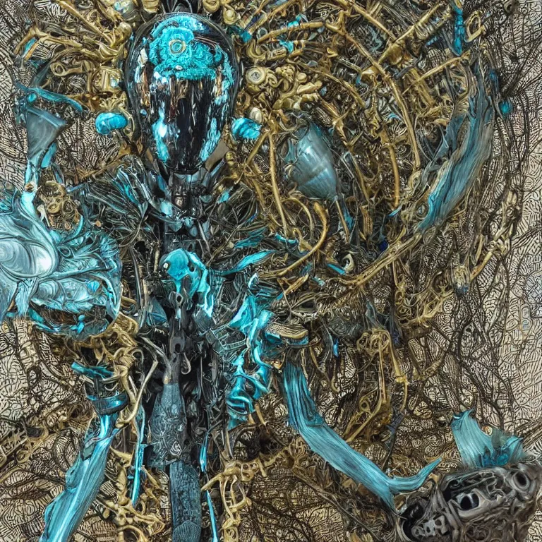 Image similar to dark scene, ultra detailed, of a large metal gothic helmet, biomechanical cyborg. big leaves and large Dragonflies, stems, roots, fine foliage lace, turquoise gold details, high fashion haute couture, art nouveau fashion embroidered, intricate details, mesh wire, mandelbrot fractal, anatomical, facial muscles, cable wires, elegant, hyper realistic, dark flower pattern wallpaper, ultra detailed