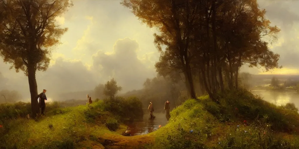 Prompt: a big hillside meadow with a little lake in 1 9 4 0 with blue light on, sunny day, a men stand up on the road, mystical orange fog, oil on canvas, art by andreas achenbach, clemens ascher, tom bagshaw and sabbas apterus,
