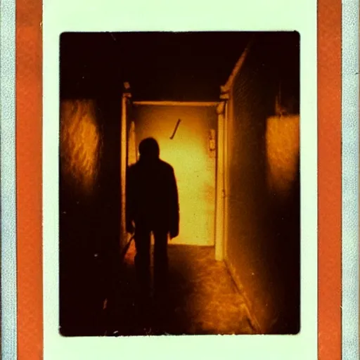 Image similar to tarman from the return of the living dead at the end of a dark hallway, polaroid,