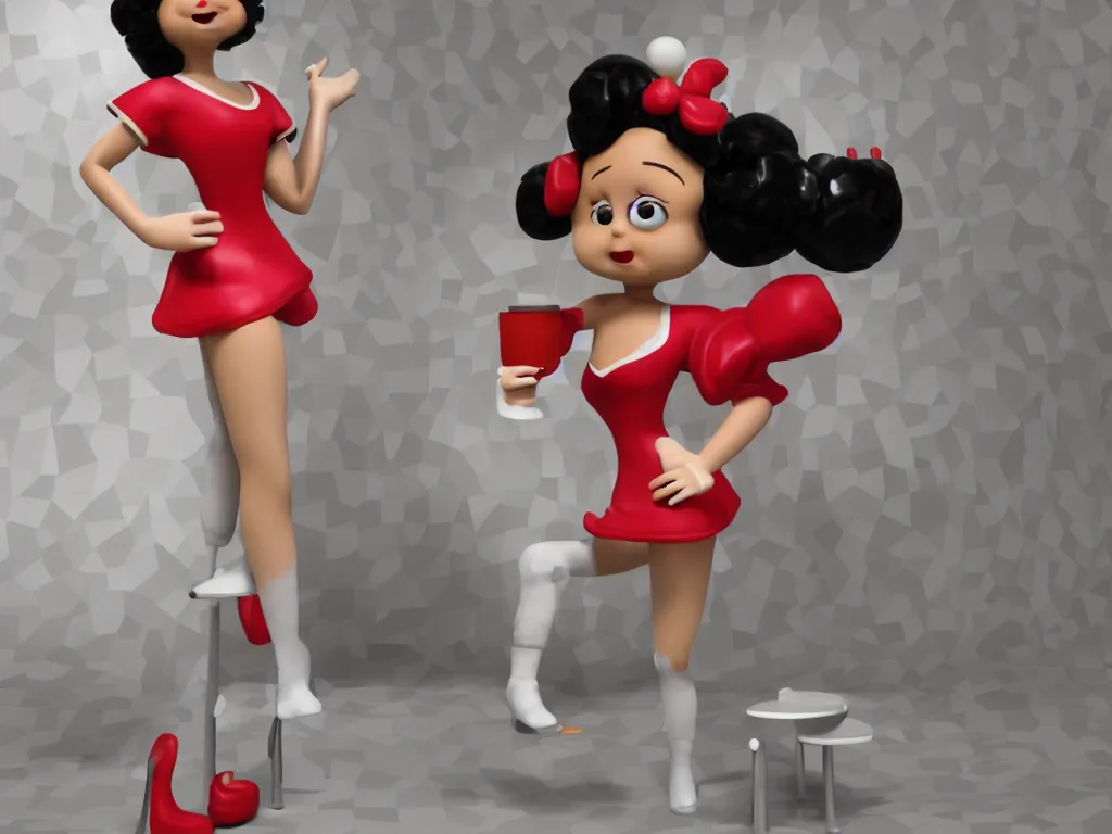 Image similar to anthropomorphic life size Betty Boop in Mc Donalds, real hair, dimly lit, liminal space, photorealistic, unrealengine octane 3d render