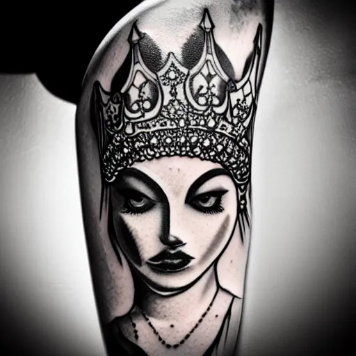 Prompt: new school black and white tattoo design of a female siren wearing a crown, full body, highly detailed