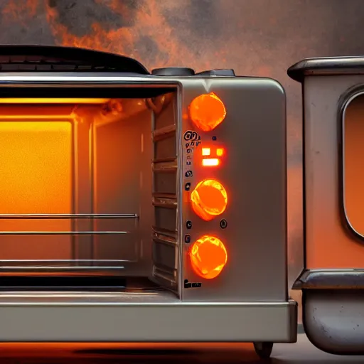 Image similar to head of toaster oven mecha, dark messy smoke - filled cluttered workshop, dark, dramatic lighting, orange tint, cinematic, highly detailed, sci - fi, futuristic, movie still