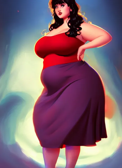 Image similar to full body portrait of teenage veronica lodge, obese, bangs, sultry, realistic, sultry smirk, wavy hair, red skirt, fat, belly, intricate, elegant, glowing lights, highly detailed, digital painting, artstation, concept art, smooth, sharp focus, illustration, art by wlop, mars ravelo and greg rutkowski