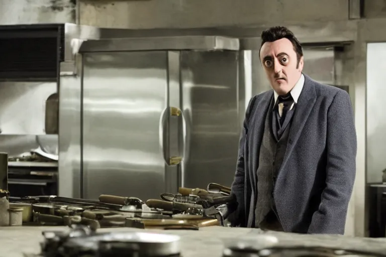 Prompt: a film still of Peter Serafinowicz in the Warner Brothers movie Kitchen Gun, high quality