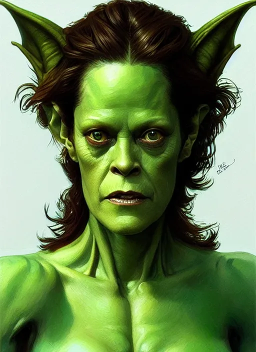 Image similar to portrait of sigourney weaver as a goblin, d & d, muscular! green, fantasy, intricate, elegant, highly detailed, digital painting, artstation, concept art, smooth, sharp focus, illustration, art by artgerm and greg rutkowski and alphonse mucha