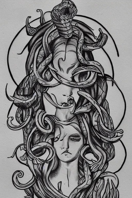 Image similar to Tattoo inspired artwork featuring snake headed Medusa from Greek Mythology