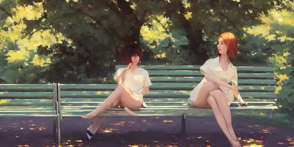 Image similar to A ultradetailed beautiful panting of a stylish woman siting on a park bench, Oil painting, by Ilya Kuvshinov, Greg Rutkowski and Makoto Shinkai