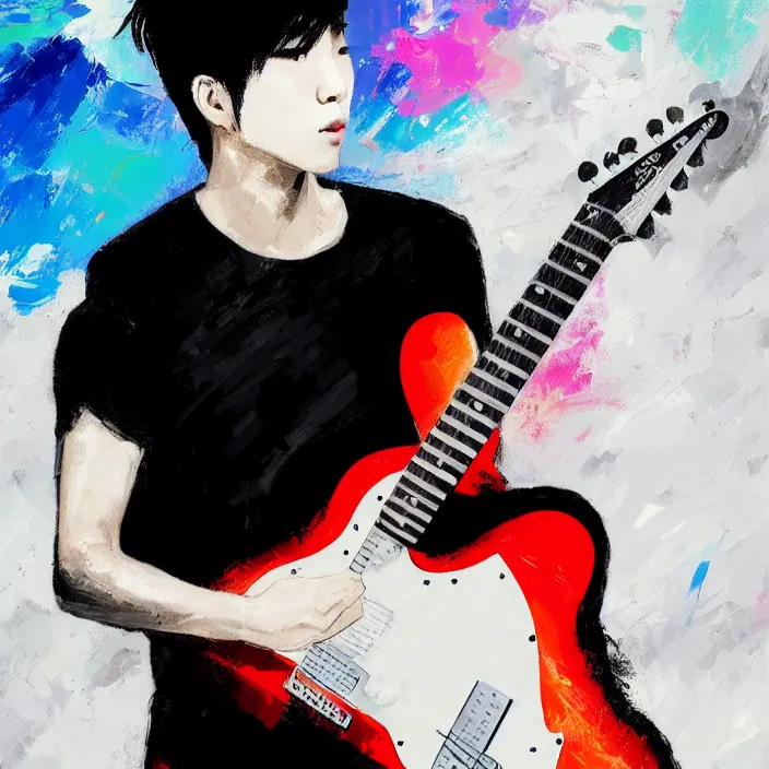 Image similar to abstract, a young korean male musician wearing black tank top holding a telecaster!!! electric guitar!! explodes in abstract, thick flowing dramatic brush strokes, strong wind, white background, matte colors, impressionist, extreme motion, trending on artstation