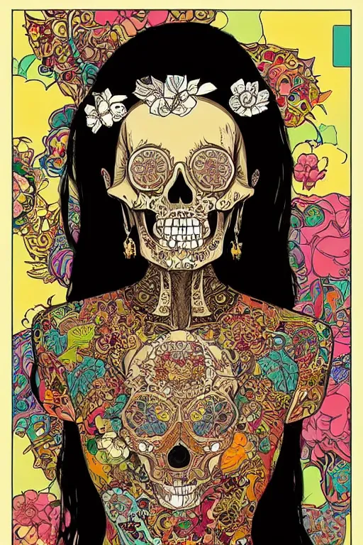 Image similar to thai traditional dress, skull portrait girl female skeleton illustration detailed patterns art pop art, splash painting, art by geof darrow, ashley wood, alphonse mucha, makoto shinkai