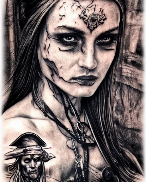 Image similar to A beautiful pirate boat next to the face of a warrior woman , realism tattoo drawing, hyper realistic, shaded