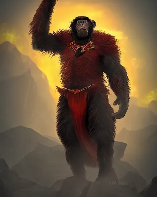 Image similar to fury art, an anthro ape wearing a large cape and a fantasy armor, fiery background, 3 d, 8 k, extremely detailed, trending on furaffinity, trending on artstation, award winning, sharp focus, illustration