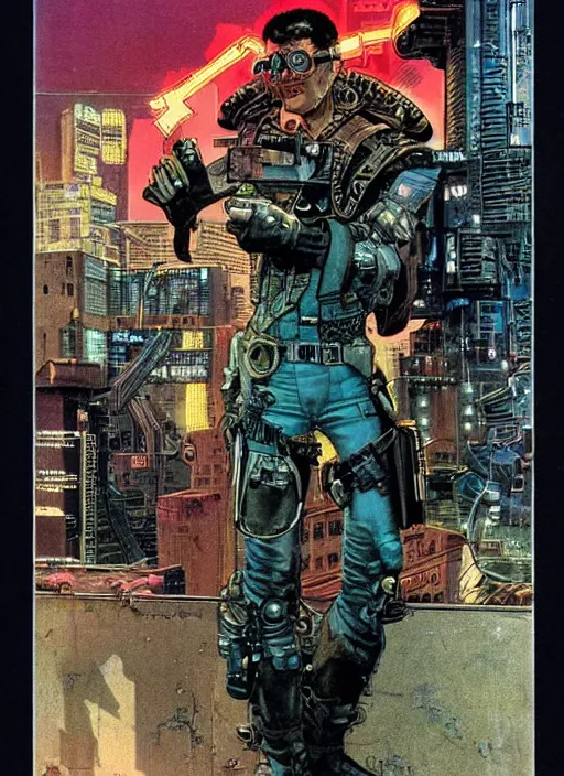 Prompt: cyberpunk mercenary. portrait by clyde caldwell and mœbius and will eisner and gil elvgren