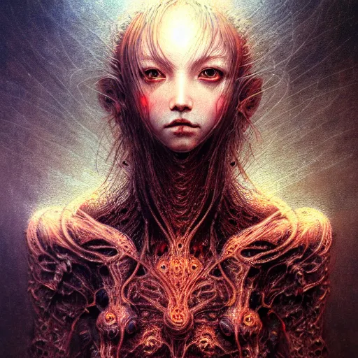 Image similar to full body portrait, a highly detailed long shot photo of chthonic female, witch, character by ayami kojima, beksinski, intricate, digital painting, artstation, intricate, concept art, smooth, sharp focus, illustration, perfect faces, fine details, unreal engine