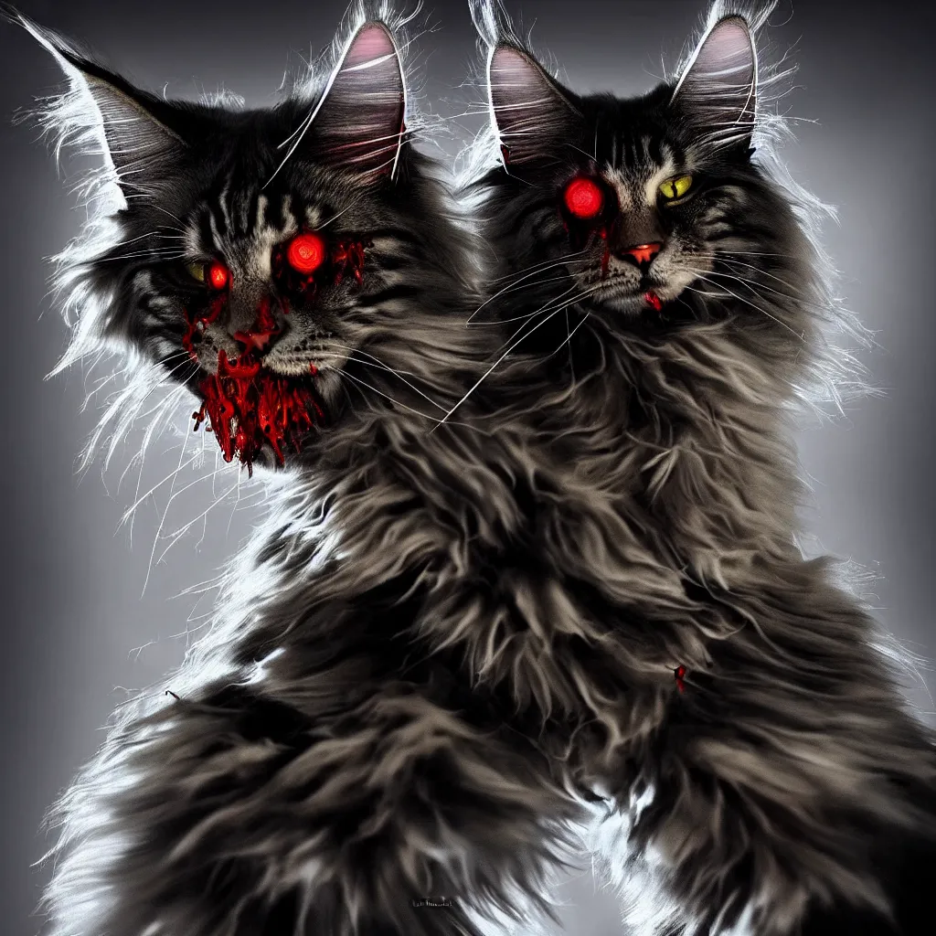 Image similar to “beautiful award-winning photo of a wise maine coon with cybernetic spider eyes and blood dripping off of its fangs. masterpiece, trending on artstation, cinematic composition, dramatic pose, volumetric lighting, sharp, details, hyper-detailed, HD, 4K, 8K ”