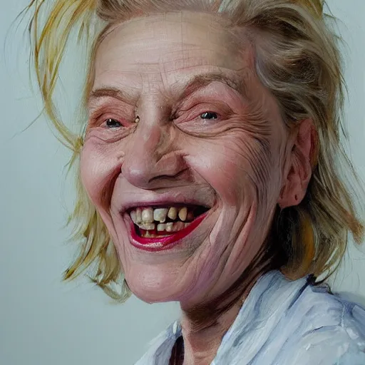 Prompt: portrait painting of woman from scandinavia, 9 0 years old, blonde hair, daz, occlusion, smiling and looking directly, brushstrokes, white background, art by enki bilal