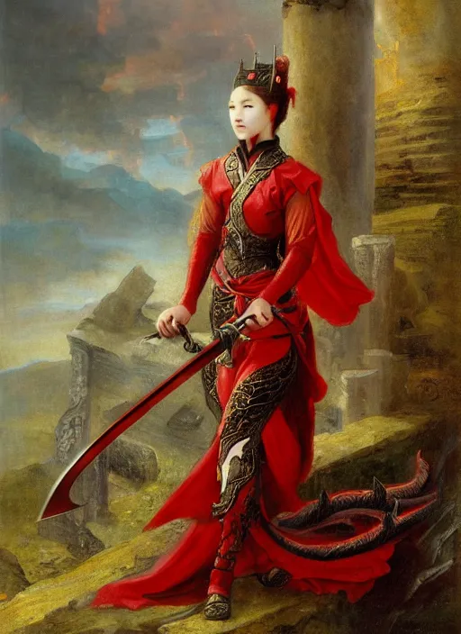 Image similar to woman in dark and red princess dragon armor, she is holding a katana sword, walking on the mystical ancient ruins. by william henry hunt