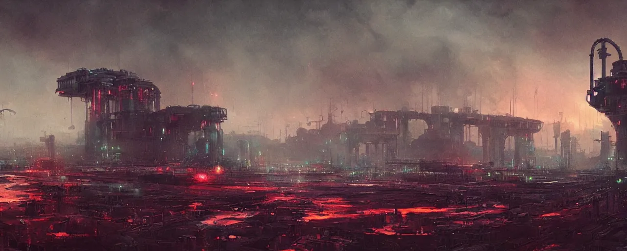 Image similar to ” polluted industrial alien landscape, [ smoke, soot, cinematic, detailed, epic, widescreen, opening, establishing, mattepainting, photorealistic, realistic textures, octane render, art by slop and paul lehr ] ”