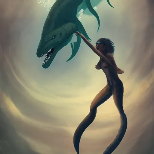 Prompt: person freediving underwater with a sea monster, trending on pixiv, artstation