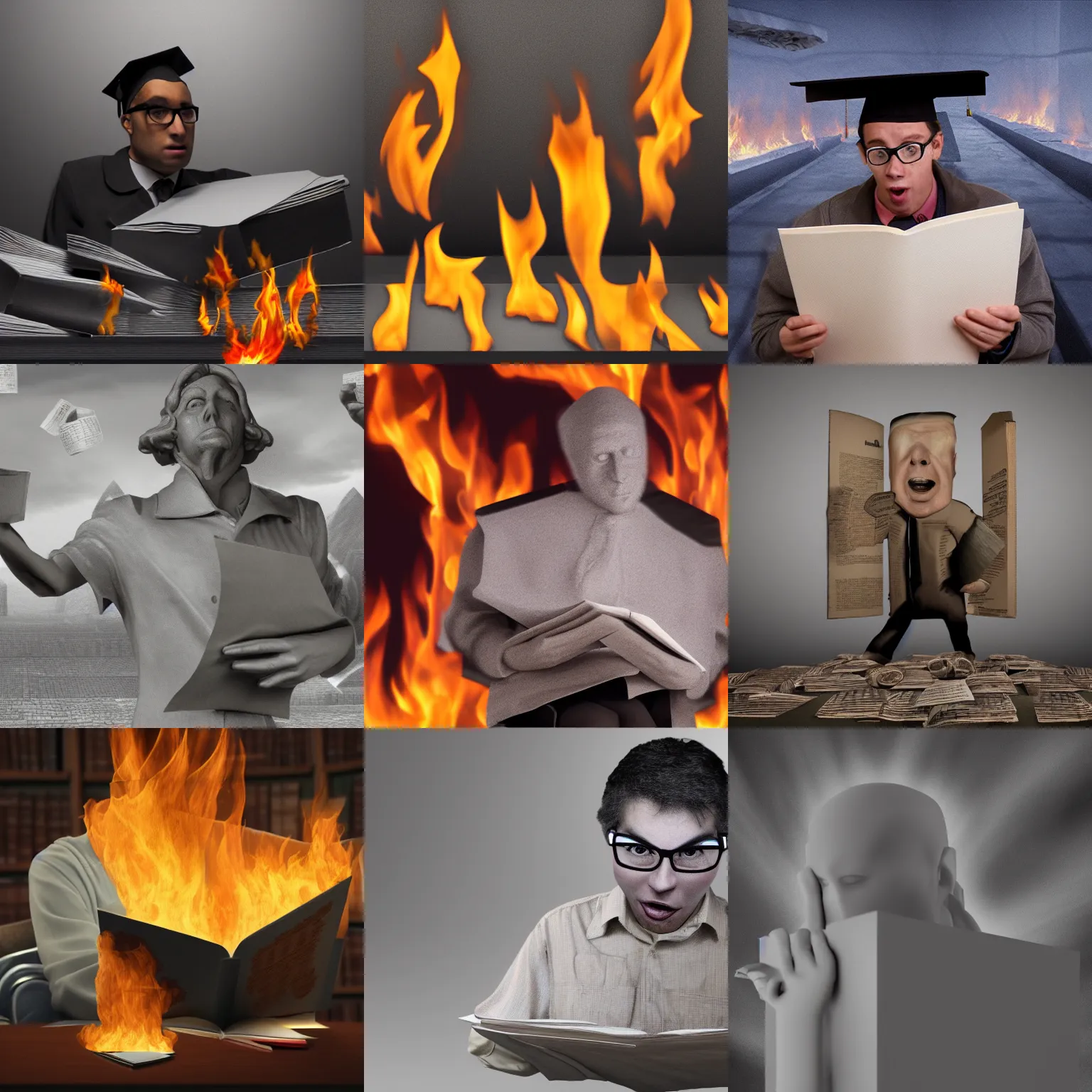 Image similar to 3d matte painting of Shocked Scholar holds burning academic paper