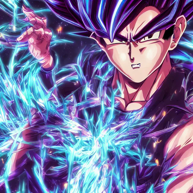 Image similar to aesthetic anime man goes super saiyan in the style of jojo's bizarre adventure, ultrafine hyperrealistic detailed face illustration by kim jung gi, irakli nadar, intricate linework, sharp focus, bright colors, matte, octopath traveler, final fantasy, unreal engine highly rendered, global illumination, radiant light, intricate rainbow environment