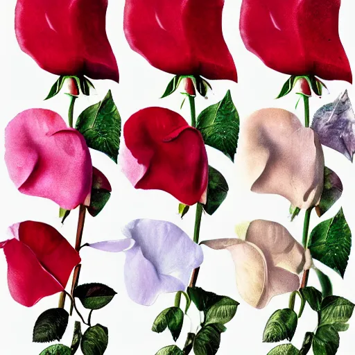 Image similar to various kinds of separate rose petals, botanical illustration, white background, 8 k