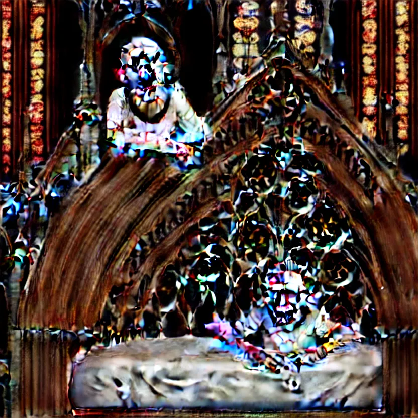 Image similar to a portrait of child sitting in a bed, screaming. the bed is inside a gothic cathedral. under the bed is a hideous laughing demon dressed as a catholic priest. religious symbols, digital art, hyperrealistic, nightmare, terrifying, supernatural, highly detailed, creepy