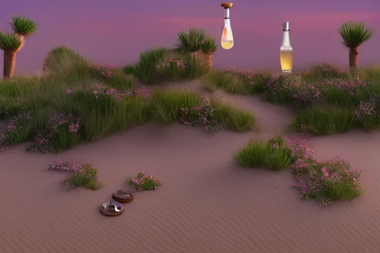 Image similar to perfume bottle buried in glittering oasis in the middle of a desert with little flowers, soft lilac skies, silky smooth, dramatic, mid day, sand dune background, large scale, wind - swept, lots of detail, realistic lighting, octane render, by wlop, artgerm, trending on artstation