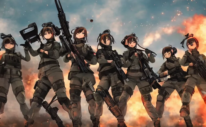 Image similar to photo of squad under heavy fire, highly detailed, explosions in background, high resolution, cosplay photo, stunning, girls frontline style, bokeh soft, shot on 7 0 mm, zenithal lightning, trending on instagram, by award winning photographer, real human faces, symmetrical facial features, modern warfare, shot with a professional camera, low saturation